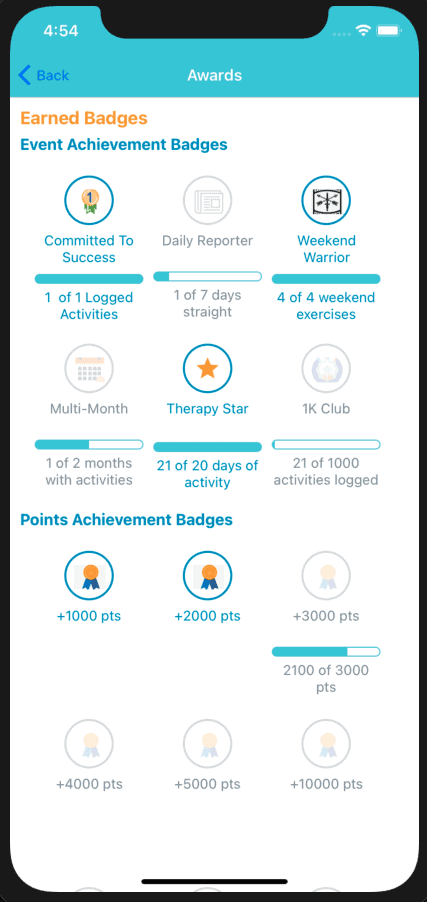 Screenshots for the latest AC Health app update: Automatically updated Progress Bars for patient badges and awards.